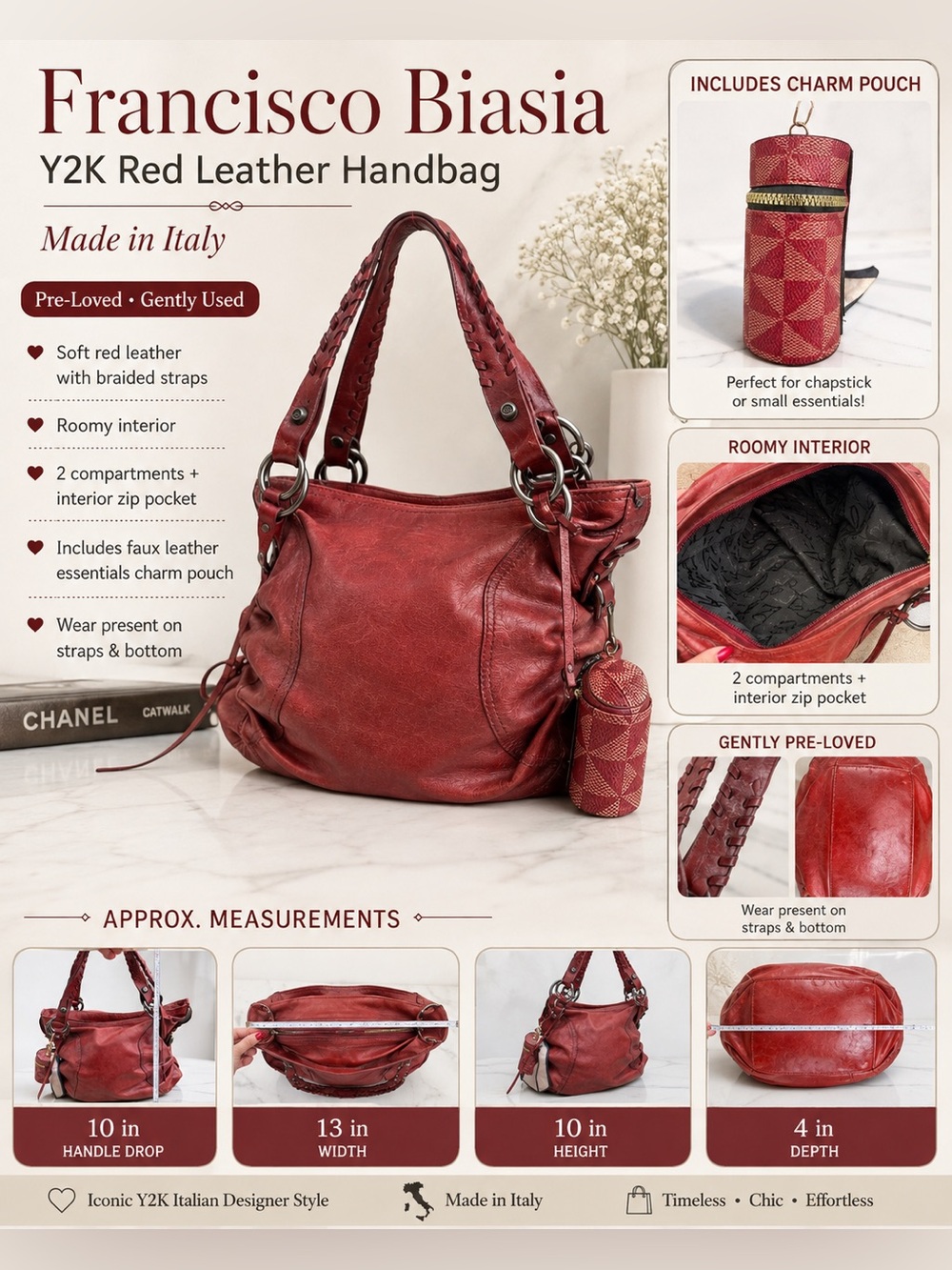 Y2K Vintage Francesco Biasia Red Leather Shoulder Bag with Charm Pouch